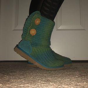 Teal and green crocheted UGGs
